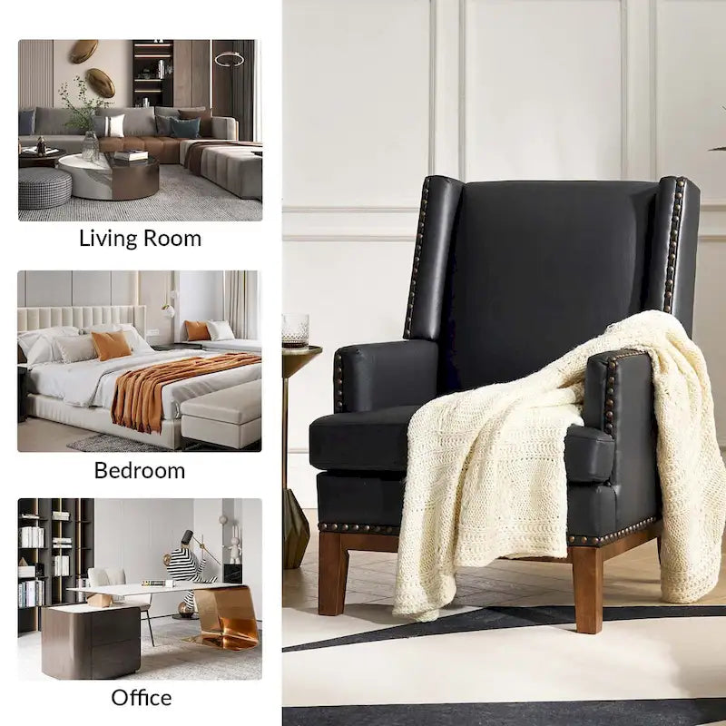 Lourdes Genuine Leather Armchair with Solid Wood Frame and Removable Seat Cushion by