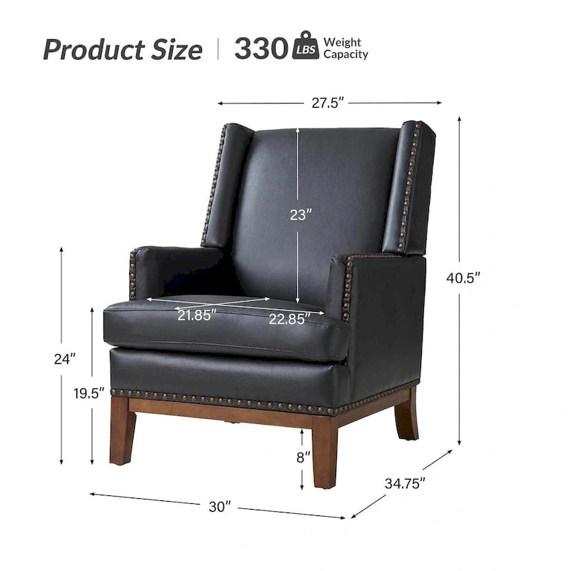 Lourdes Genuine Leather Armchair with Solid Wood Frame and Removable Seat Cushion by