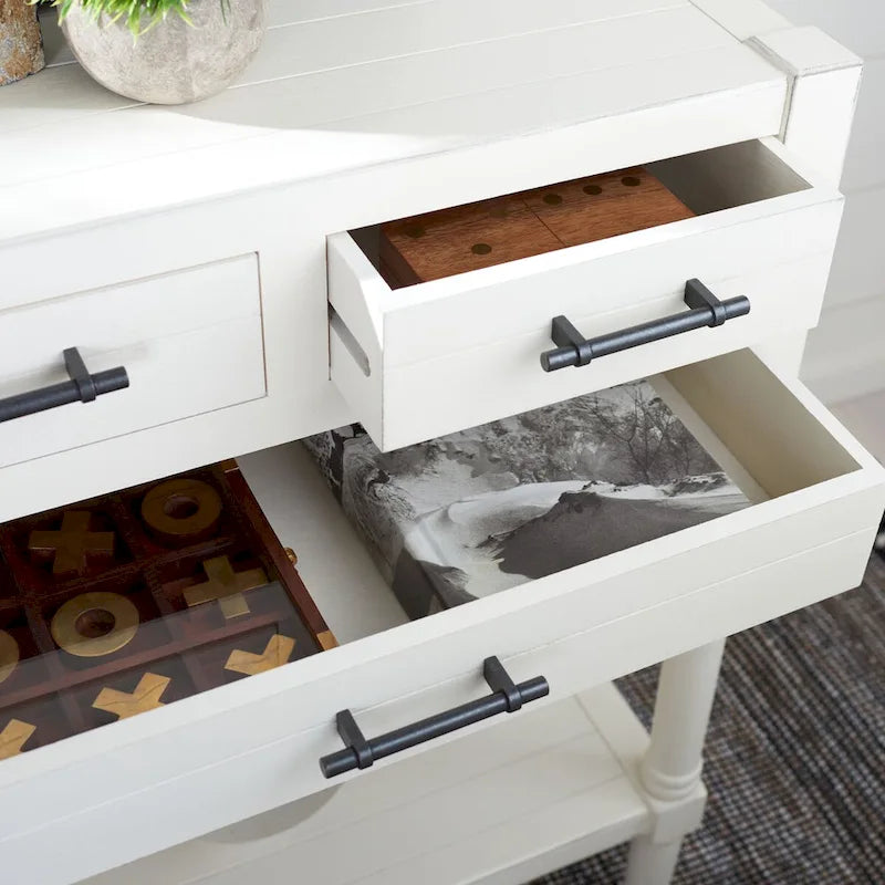 Philomene Distressed White 3-Drawer Console Table - 23.5 W x 13 L x 29.5 H - 24Wx13Dx30H
