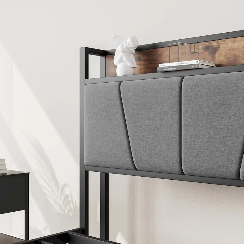Full Size Bed Frame, Storage Headboard with Charging Station, No Box Spring Needed, Vintage Brown and Gray