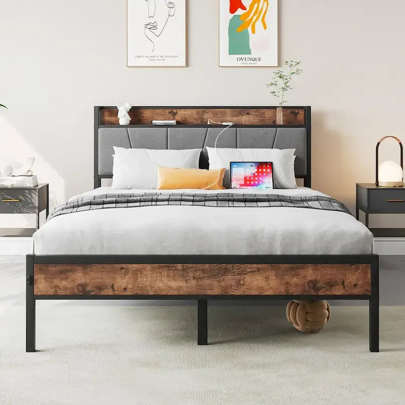 Full Size Bed Frame, Storage Headboard with Charging Station, No Box Spring Needed, Vintage Brown and Gray