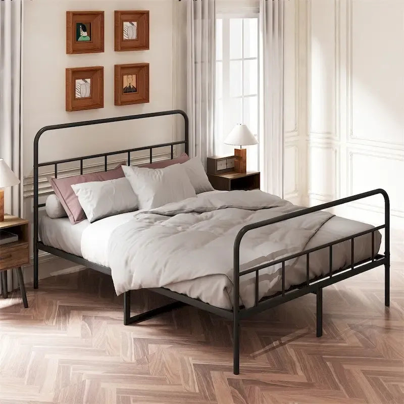 Queen Size Metal Platform Bed frame w/ Headboard No Box Spring Needed