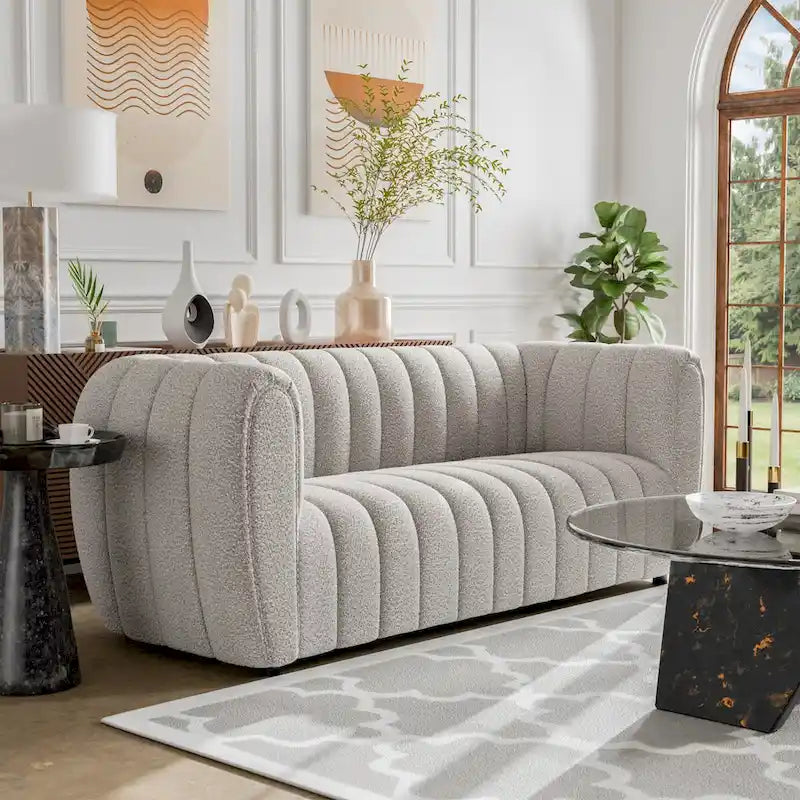 Lucinda Modern Vertical Channel Tufted Boucle Accent Sofa Couch with Wooden Legs
