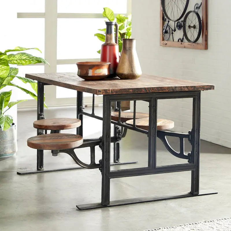 Teak Wood Dining Table with Attached Seats - Brown -