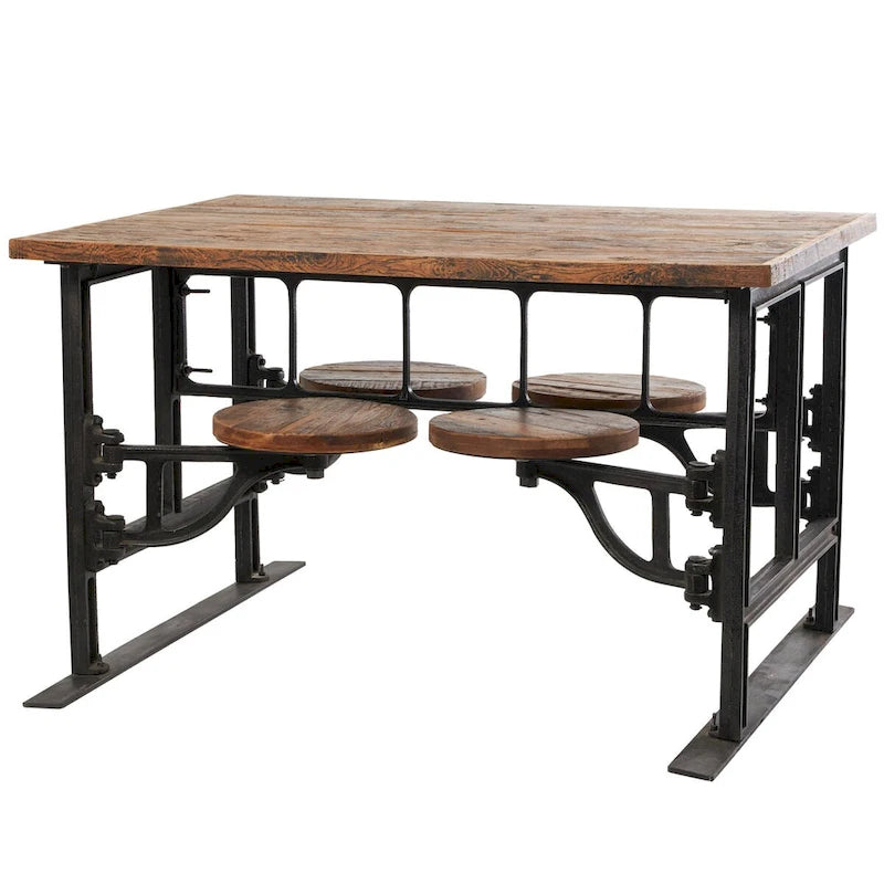 Teak Wood Dining Table with Attached Seats - Brown -