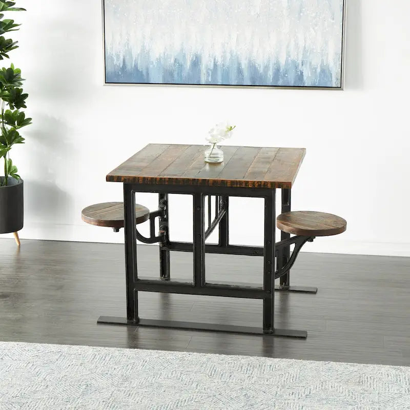 Teak Wood Dining Table with Attached Seats - Brown -