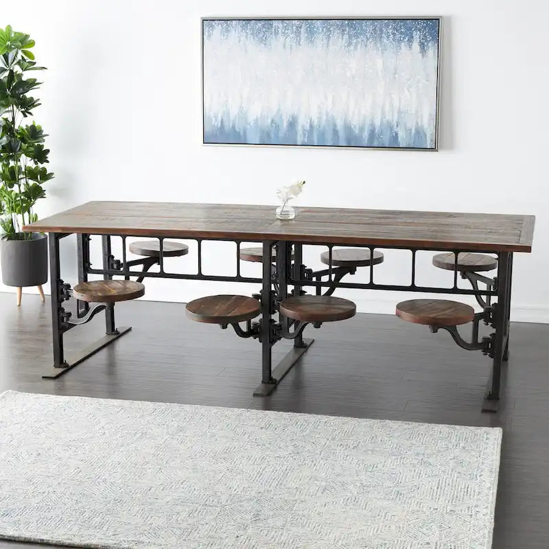 Teak Wood Dining Table with Attached Seats - Brown -