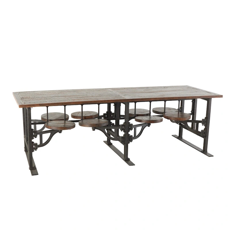 Teak Wood Dining Table with Attached Seats - Brown -