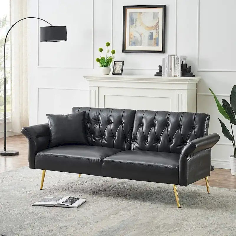 Futon Sofa Bed, Faux leather Foldable Couch Convertible Loveseat Sleeper Daybed with Adjustable Armrests for Small Space