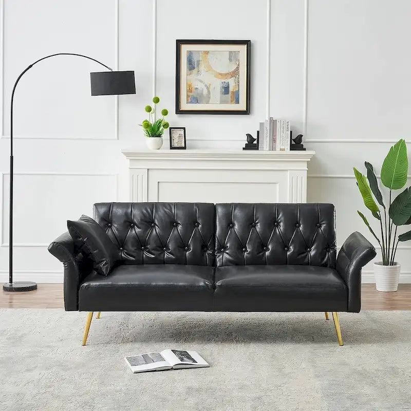 Futon Sofa Bed, Faux leather Foldable Couch Convertible Loveseat Sleeper Daybed with Adjustable Armrests for Small Space