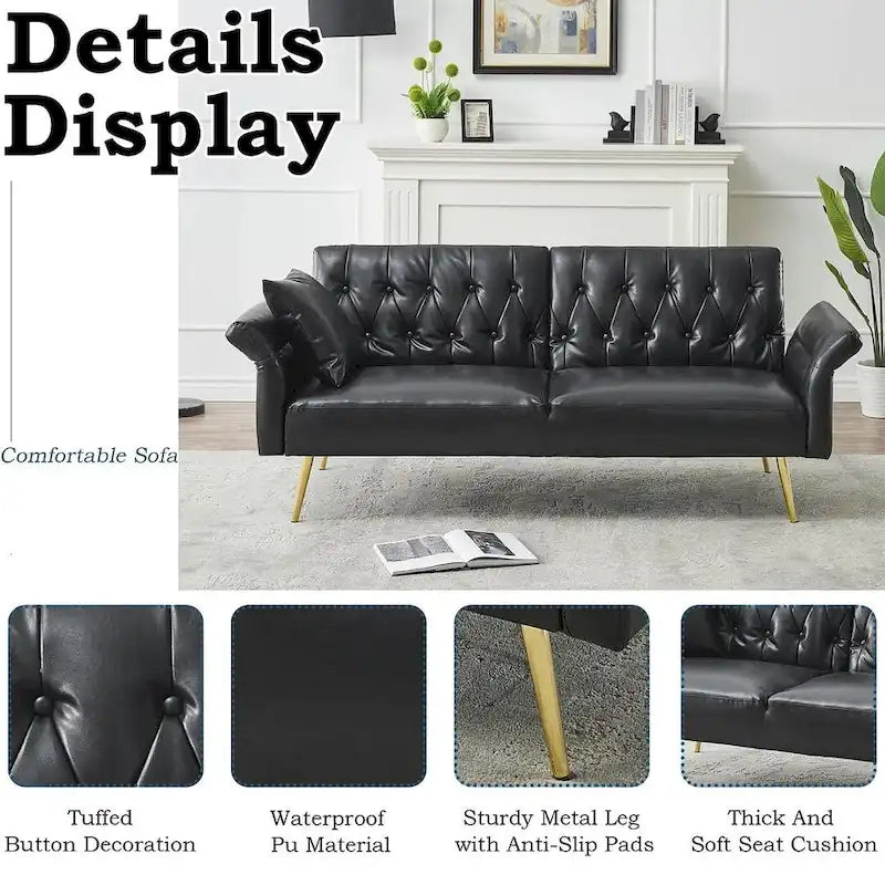 Futon Sofa Bed, Faux leather Foldable Couch Convertible Loveseat Sleeper Daybed with Adjustable Armrests for Small Space
