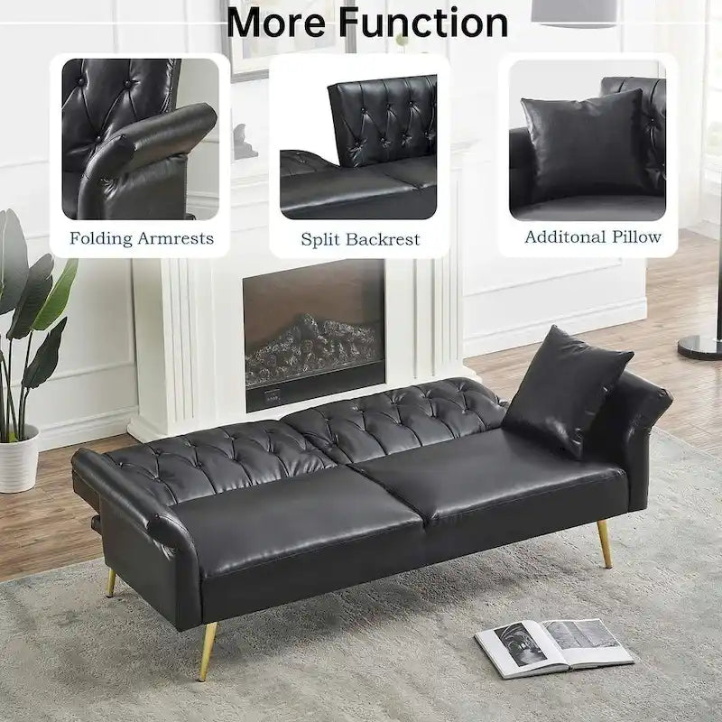 Futon Sofa Bed, Faux leather Foldable Couch Convertible Loveseat Sleeper Daybed with Adjustable Armrests for Small Space