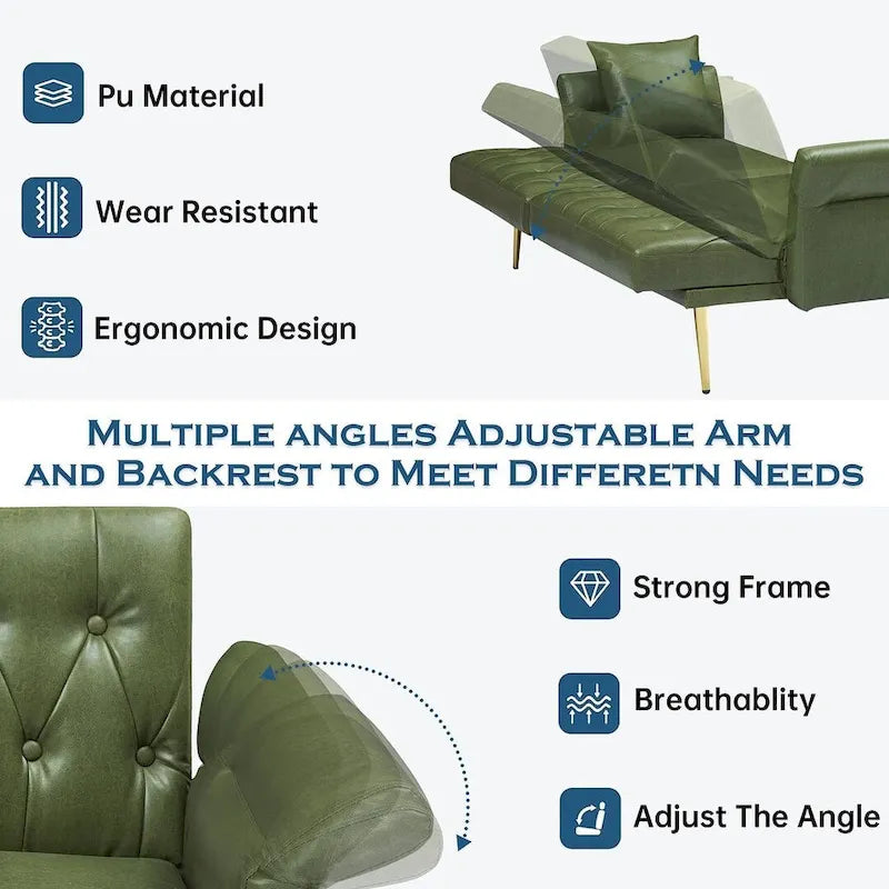 Futon Sofa Bed, Faux leather Foldable Couch Convertible Loveseat Sleeper Daybed with Adjustable Armrests for Small Space