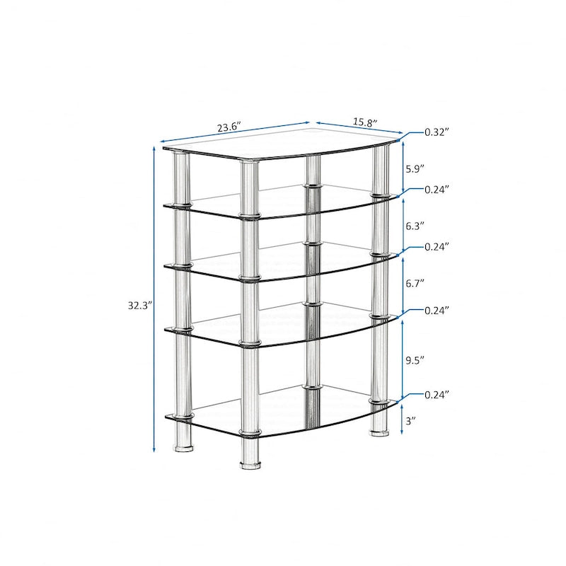 5-Tier Tempered Glass Side Table Stainless Steel Frame End Table for Living Room, Bedroom, Black