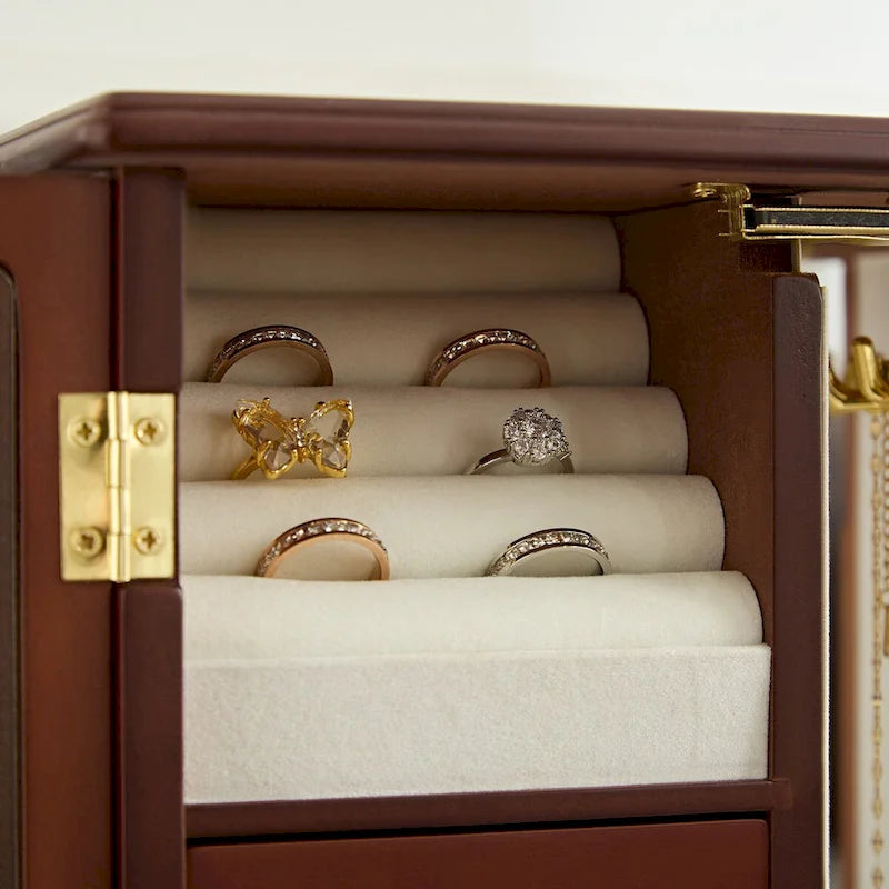 Solid Wooden Jewelry Box with 3-Drawers Built-in Necklace Carousel and Mirror brown - 10*5.2*11.7in