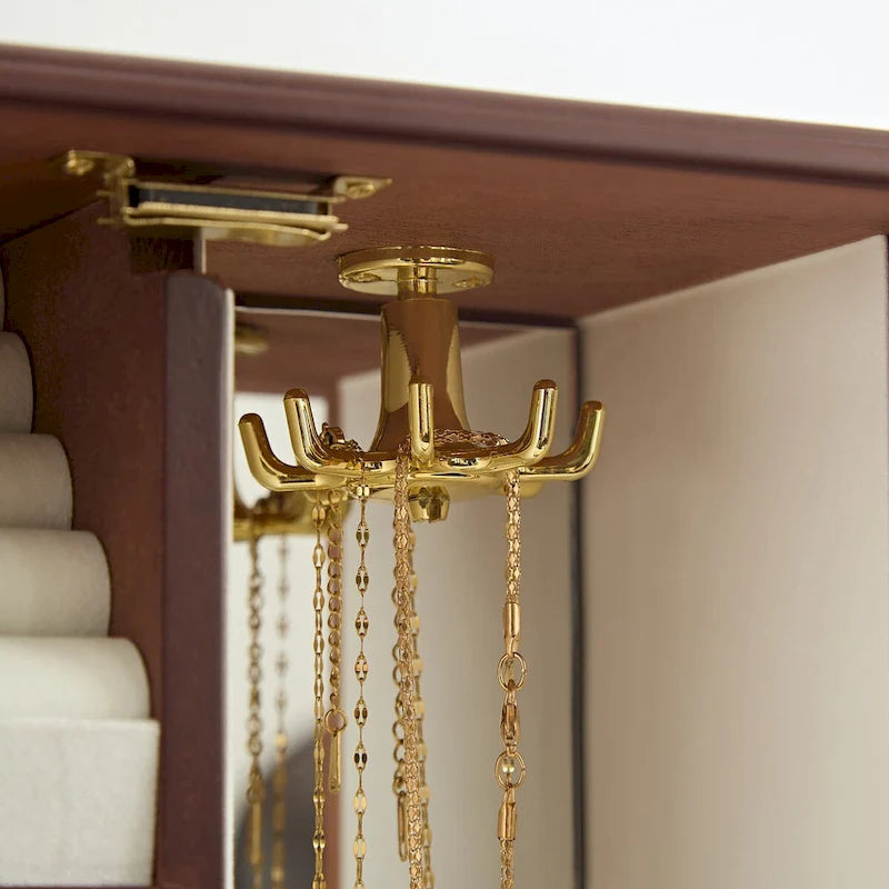 Solid Wooden Jewelry Box with 3-Drawers Built-in Necklace Carousel and Mirror brown - 10*5.2*11.7in