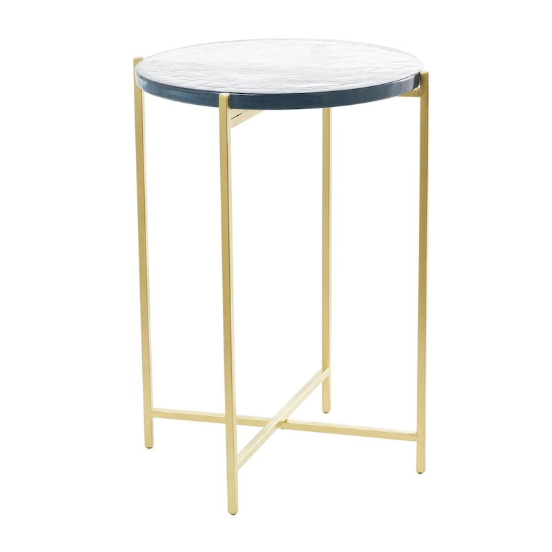 Metal X-Shaped Side End Accent Table with Textured Glass Tabletop - Gold or Black-