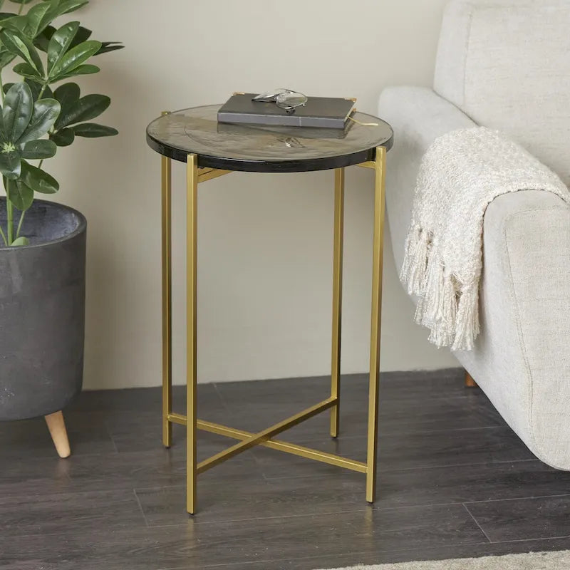 Metal X-Shaped Side End Accent Table with Textured Glass Tabletop - Gold or Black-