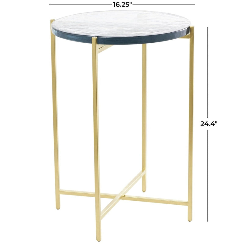 Metal X-Shaped Side End Accent Table with Textured Glass Tabletop - Gold or Black-