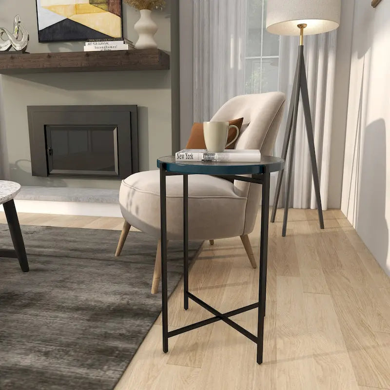Metal X-Shaped Side End Accent Table with Textured Glass Tabletop - Gold or Black-