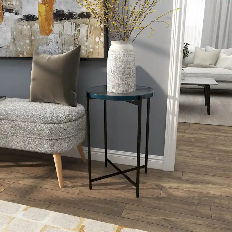 Metal X-Shaped Side End Accent Table with Textured Glass Tabletop - Gold or Black-