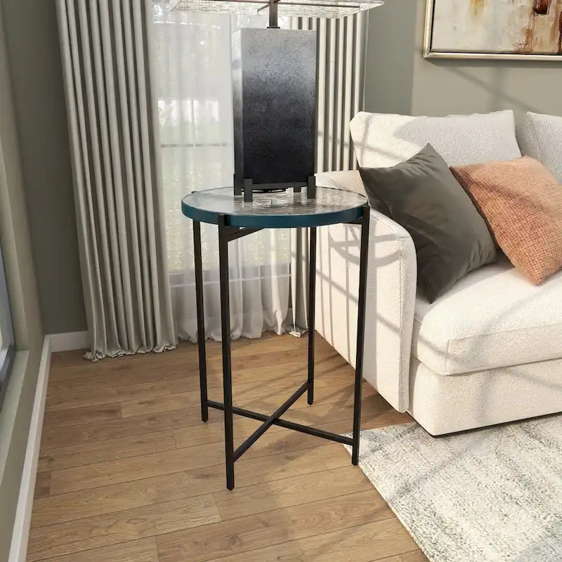 Metal X-Shaped Side End Accent Table with Textured Glass Tabletop - Gold or Black-