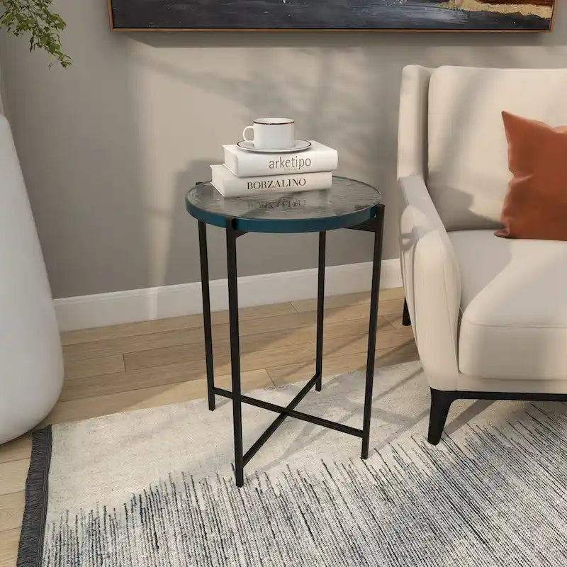 Metal X-Shaped Side End Accent Table with Textured Glass Tabletop - Gold or Black-