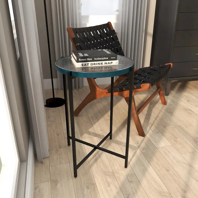 Metal X-Shaped Side End Accent Table with Textured Glass Tabletop - Gold or Black-